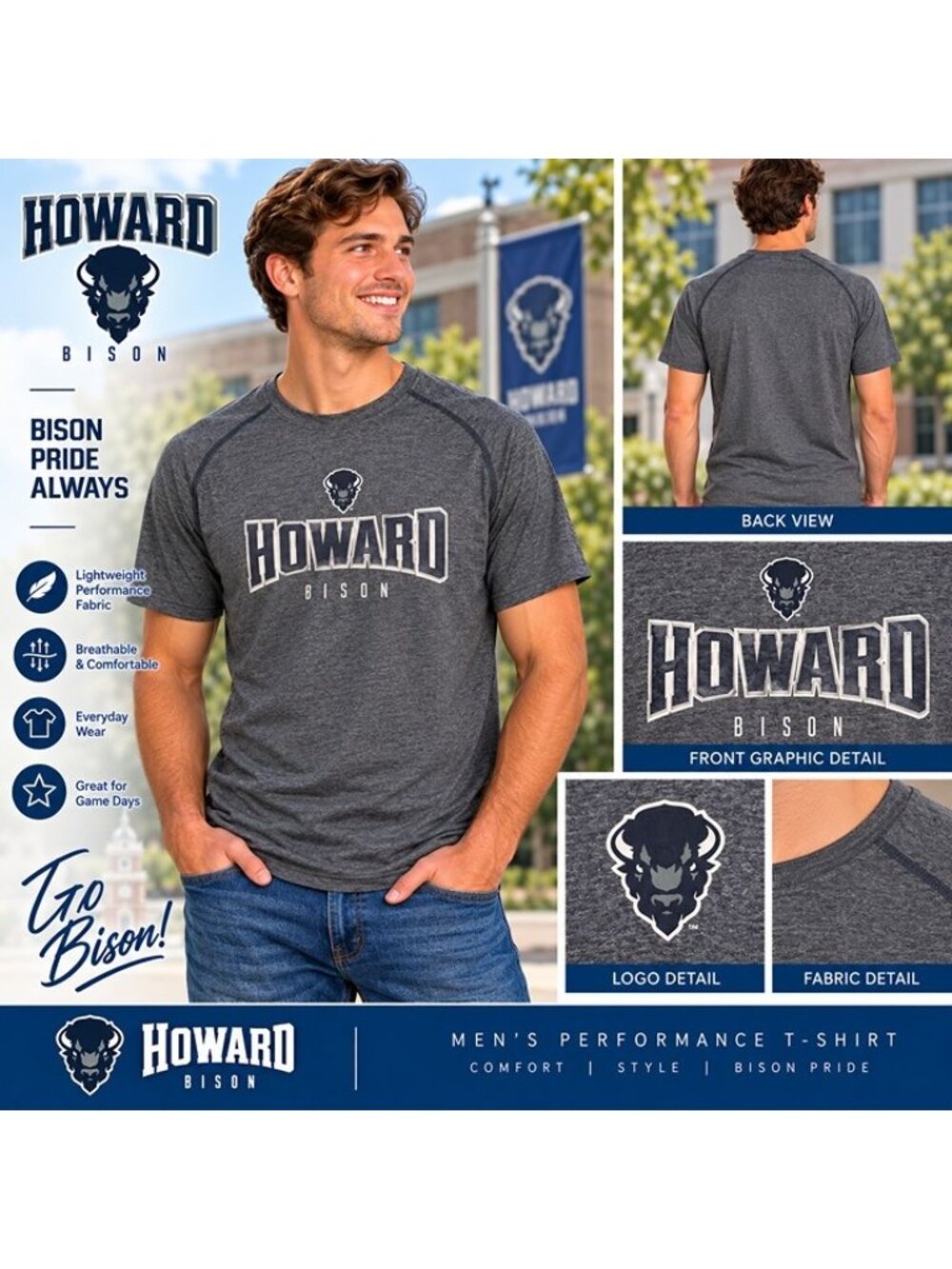 Knights Apparel Howard Bison Men's Performance T-Shirt Gray NCAA Short Sleeve M